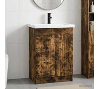 Pyvara Juego de muebles de baño de roble ahumado con lavabo y grifo, 56 x 37,5 x 81 cm, material de madera, armario de baño con espacio de almacenamiento y asas de metal para baño de invitados, aseo