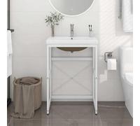 Pyvara Mueble de baño con lavabo empotrado blanco de hierro pulverizado, 59 x 38 x 83 cm, lavabo moderno con rebosadero, espacio para toallas y cosméticos