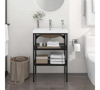 Pyvara Mueble de baño con lavabo empotrado negro de hierro pulverizado, 59 x 38 x 83 cm, con rebosadero, ahorra espacio para invitados y lavandería