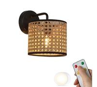 PZAOJAU Aplique de pared de ratán negro con pilas, luz de pared inalámbrica de mimbre bohemio tejido, bombilla LED remota, lámpara de pared recargable inalámbrica de mediados de siglo para dormitorio,