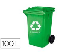 Q-connect Papelera Contenedor Verde para Envases de Vidrio de 100L con Tapa y Ruedas