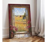Qcdxfgdfh Cuadro decorativo de pared con ventana rústica de madera y pradera, pintura vertical impresionista sobre lienzo con diseño de granero rojo (40x60cm/marco interior).