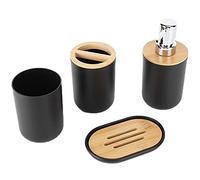 Qcwwy Juego de Accesorios de Baño de 4 Piezas, Soporte para Cepillo de Dientes de bambú de Plástico, Jabonera, Dispensador de Loción, Taza para Enjuague Bucal, con Material Liso (Black)