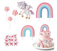 QEEYON Decoración para tartas de unicornio arcoíris, 18 piezas de decoración para tartas de flores de mariposa arcoíris rosa, suministros reutilizables para fiesta de cumpleaños, Navidad, decoración