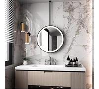QICBYING Espejo De Baño Colgante con Luces LED, Espejo Redondo con Marco De Metal Suspendido del Techo, Iluminación Regulable En 3 Tonos, Espejo De Maquillaje LED De Montaje En Techo(Black,60cm)