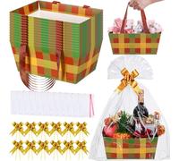 Qinyoung 12 cestas de otoño vacías para regalos de 9.8 x 6.5 pulgadas, cesta de regalo a cuadros de otoño vacía para llenar con asas, lazos, bolsas de plástico y lazos giratorios para suministros de
