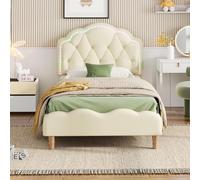 QMTXBYJ - Cama infantil acolchada 90 x 200 cm, camas individuales LED para niñas, marco de cama con cabecera ajustable en altura en forma de corona y somier de láminas, cama joven de poliuretano, sin