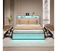 QMTXBYJ Cama Matrimonio 140x190, Cama 140x190 con cabecero LED y Carga USB, Cama Juvenil con 4 cajones y Cabecero de Almacenamiento, Cama Doble Camas Matrimoniales, Camas Tapizada con Somier,Lino