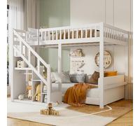 QMTXBYJ Litera infantil de 140 x 200 cm, cama entrepiso de 2 plazas con escalera de almacenamiento, camas cabaña para niños, 140 x 200, cama infantil de 2 plazas con barrera y somier, sin colchón