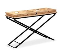 Qnhdfrt Mesa consola de madera de mango maciza, 130 x 40 x 80 cm, diseño industrial con marco en X de acero, mesa de madera maciza con 2 bandejas extraíbles para salón y pasillo, color marrón