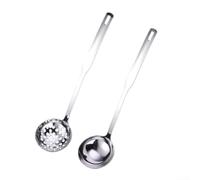 QOXEZY Juego de cucharón y colador de acero inoxidable, diseño de cuenco profundo para olla caliente y caldos con mango largo y acero 304 apto para lavavajillas