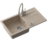 QUADRON Fregadero READY-MAX de granito para cocina de GraniteQ, 77x44x17,5 cm, Beige, Juego de fregadero de cocina de una pila: Fregadero de granito + Grifo de cocina + Sifón + Dispensador de jabón