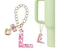 QUARKZMAN Letrero Decorativo Para Stanley Tumbler Cup, Accesorio De Letra L Inicial Con Moño Y Corazón Con Rhinestones Brillantes Para Tazas Con Asa O Otros Vasos Para Mujeres, Rosa | Rosa