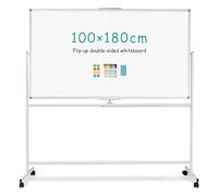 QUEENLINK Pizarra blanca móvil grande de 100 x 180 cm, pizarra blanca magnética de rotación de 360° con soporte, caballete blanco de doble cara con ruedas