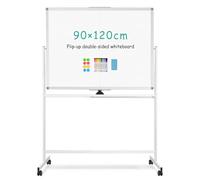 QUEENLINK Pizarra blanca móvil grande de 90 x 120 cm, pizarra blanca magnética de rotación de 360° con soporte, caballete blanco de doble cara con ruedas