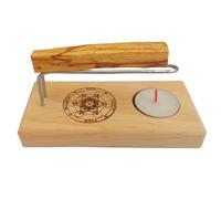 Quemador Artesanal de Palo Santo e Inciensos con Base de Madera Natural y Símbolo de Metatrón - Incluye Vela de Té | Artsoja