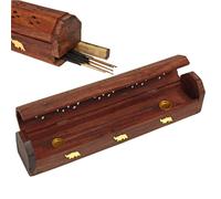Quemador de Incienso de Madera, Incensario con Cajón para Varillas de Incienso, Soporte para Conos, Caja de Madera Decorada con Elefantes de Latón
