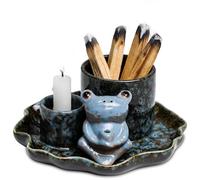 Quemador de Incienso Rana Multifuncional 4 en 1 con Bandeja Hoja de Loto, Porta Salvia, Palo Santo, Varillas y Conos de Cerámica, Decoración Yoga & Meditación (Rana Loto Azul)