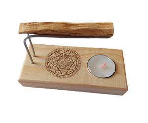 Quemador de Palo Santo Artesanal con Base de Madera y Varillas Metálicas, Incluye Vela de Té y Palo Santo Natural, Diseño 7 Arcángeles - YA-DECOREGALOS