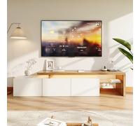 Quiaviank Mueble de TV de 200 x 39 x 42 cm con 3 puertas y 2 estantes de cristal, mueble bajo para televisor de hasta 75 pulgadas, con iluminación LED, soporte para TV con gran espacio de