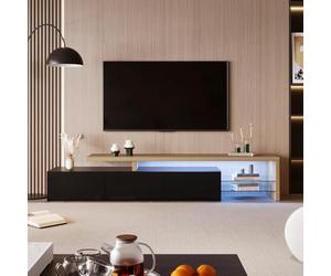 Quiaviank Mueble de TV de 200 x 39 x 42 cm con 3 puertas y 2 estantes de cristal, mueble bajo para televisor de hasta 75 pulgadas, con iluminación LED, soporte para TV, con gran espacio de