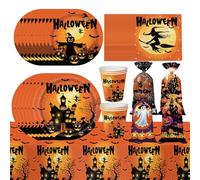 QuidToyZian Juego Completo de Vajilla Fiestas de Halloween para 16Invitados | Incluye Servilletas Platos Vasos Caja de Golosinas y Decoraciones Perfecto para Fiestas de Cumpleaños y Halloween de Terro
