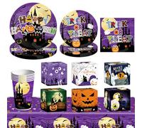 QuidToyZian Juego Completo de Vajilla Fiestas de Halloween para 16Invitados | Incluye Servilletas Platos Vasos Caja de Golosinas y Decoraciones Perfecto para Fiestas de Cumpleaños y Halloween de Terro