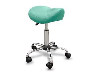 QUIRUMED Taburete Tipo Pony, Ergonómico, con Base de Acero, Color Verde, Tapizado en Polipiel, Altura Regulable, Asiento Acolchado, Ruedas giratorias, hasta 150 kg
