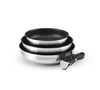 Qulinart - Batería de cocina de inducción de 4 piezas - Set de 3 estufas antiadherentes de 20, 24 y 26 cm con mango extraíble - Acero inoxidable - todo fuego - Libre de PFOA - Plateado/Negro