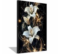 QUSAAOU Abstracta Lirios blancos remolinos dorados luminosos fondo oscuro!Blanco Cuadros Modernos Decorativos Adecuados Para Salones Dormitorios Comedores Oficinas -70x100cm Enmarcado