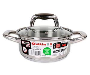 Quttin New Caesar - Cacerola Profesional Induccion, Cocina y Horno, Cazuela Pequeña, Acero Inoxidable Antiadherente, Tapa Cristal y Asas, 16 cm/1,5 L