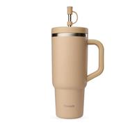 QWETCH - Travel Cup 900 ml con pajita y asa - 48 h helado / 12 h frío - Botella isotérmica de acero inoxidable reciclada - Taza con tapón de rosca antisalpicaduras - Taza térmica - Lino