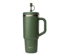 QWETCH - Travel Cup 900 ml con pajita y asa - 48 h helado / 12 h frío - Botella isotérmica de acero inoxidable reciclada - Taza con tapón de rosca antisalpicaduras - Taza térmica - Caqui