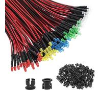 QWORK® 100 Piezas Diodos LED Precableados de 3mm 12V con 100 Soportes de Montaje - Kit de Luces LED Difusas en 5 Colores para Bricolaje, Modelismo y Automóvil - Cable de 20cm