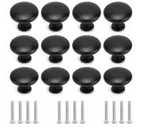 QWORK® 12 Piezas 30mm Pomos Armario Negro, Pomos de Muebles de Cocina Redondo, Pomos y Tiradores para Puertas Cajones Gabinetes, Tornillos Incluidos