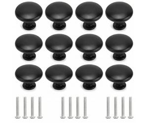 QWORK® 12 Piezas 30mm Pomos Armario Negro, Pomos de Muebles de Cocina Redondo, Pomos y Tiradores para Puertas Cajones Gabinetes, Tornillos Incluidos