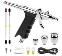QWORK® Kit de Pistola de aerógrafo Profesional - Boquillas Regular 0,3 mm 0,5 mm 0,8 mm - Vaso de Pintura 2 CC 5 CC 13 CC - Longitud de la Manguera 1,8 m