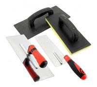 QWORK® Set de 4 piezas para trabajos de enlucido, llana de plástico para hormigón, llana de enlucido de acero inoxidable, llana de alisado de acero inoxidable 300x120 mm y llana de goma esponjosa
