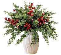 Rachlicy Púas navideñas 50 Unidades/Juego de Ramas de Pino Norfolk de 10, 5 Pulgadas con Tallos de Frutos Rojos vegetación navideña Realista Ideal para floreros, Coronas, guirnaldas, manualidad