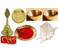 Radhna Paquete combinado indio tradicional indio Diwali Pooja Puja Thali, 2 cuencos de latón Garuda Ghanti con Mauli Kumkum Panchmukhi shankh