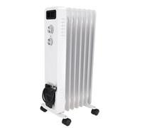 Radiador de aceite DESCON DA-J1501, 1500 W, 7 costillas, control de temperatura, termostato, tres niveles de calor, ruedas de transporte, compartimento para guardar cables, protección antivuelco