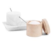 Radicaln Bodega de sal de mármol con tapa y bandeja de 7,6 cm, color blanco y Verona, juego de 2 tarros de condimentos, contenedor de almacenamiento de especias para encimera de cocina, tarros de