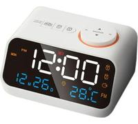 Radio despertador de alimentación eléctrica – Radio reloj con alarma – Digital – Reloj con pantalla LED – Luces de alarma – Multifuncional – Blanco