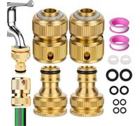 Raheem Conector de manguera de latón 1/2 pulgadas y 3/4 pulgadas | 4 conectores de manguera de latón 2 en 1, compatibles con Gardena, para riego de jardín y lavado de coches