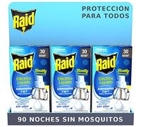 Raid ® Pack de 3 Recambios Eléctrico Líquido Family 30 noches - Cargador para aparato enchufe anti mosquitos comunes y tigre 2 en 1, mata y ahuyenta. Sin olor, 90 noches de protección