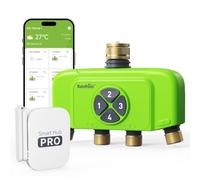 RAINPOINT Programador de Riego WiFi 4 Zonas con Hub, Temporizador de Riego Inteligente con Medidor de Flujo, Entrada/Salida de Latón, Compatible Alexa/Google, para Jardín y Césped