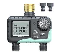 RAINPOINT Programador Riego 2 Salidas con Entrada de Latón, Temporizador de Riego Automatico con Retraso por Lluvia/Riego Manual, Programador de Riego a Pilas para Jardín, Césped