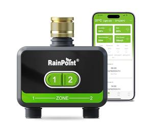 RAINPOINT Programador Riego Bluetooth 2 Salidas con Entrada de latón, Programador de Riego de jardín con aplicación/Control de Voz, retardo de Lluvia/Control Manual/automático, sin concentrador WiFi
