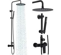 Rainsworth Kit de ducha para exteriores, color negro mate, válvula de latón de un solo mango, cabezal de ducha de lluvia de 8 pulgadas y combo de accesorio de ducha de pulverización de mano, montaje
