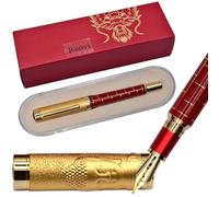 Ranvi Pluma estilográfica Jinhao WUDAO, plumín fino, diseño de estatua de Buda dorada con capuchón tallado, con estuche de regalo